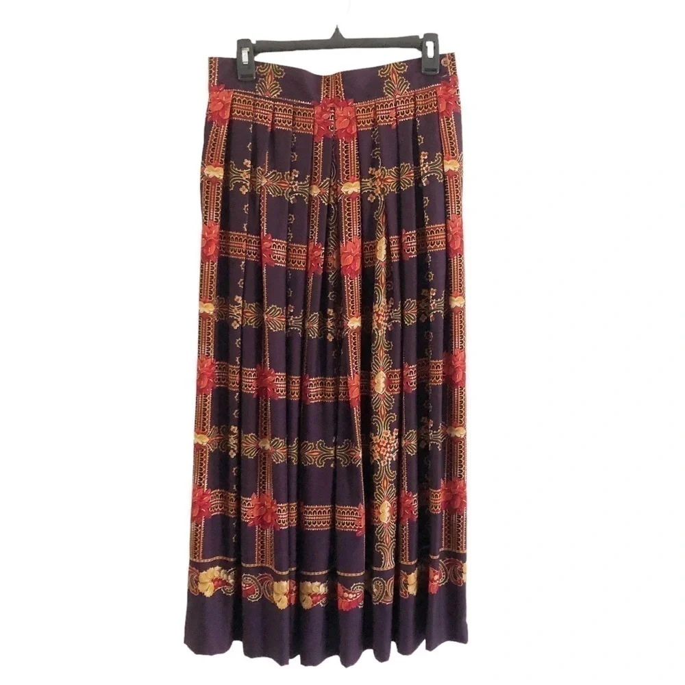 Vintage Pleated Midi Skirt Baroque Print Dark Academia Equestrian 12